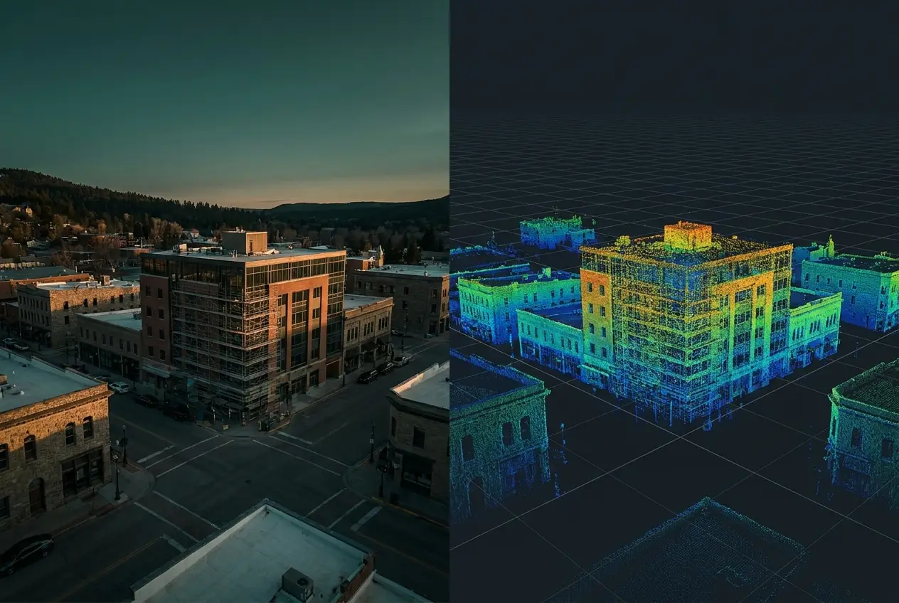 Downtown block beside its classified point-cloud model