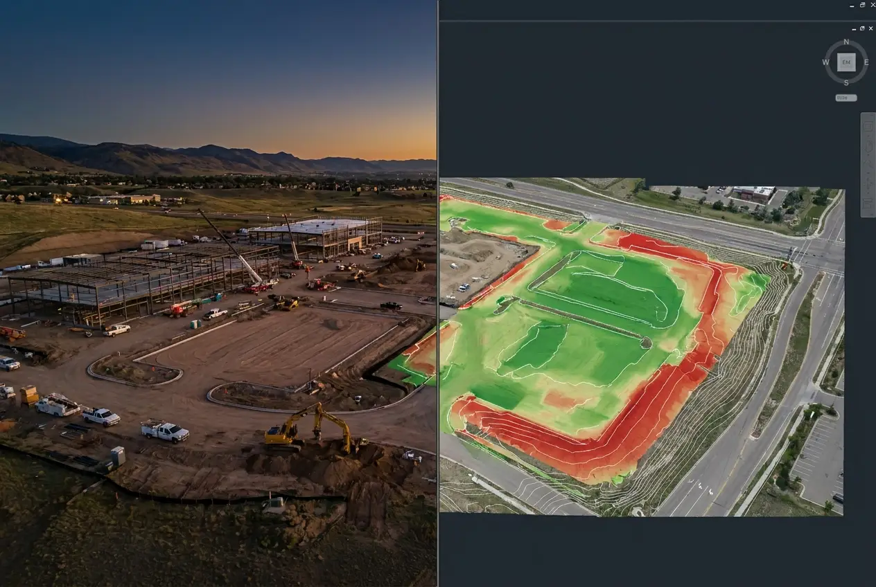 Construction site beside its progress orthomosaic with cut/fill overlay