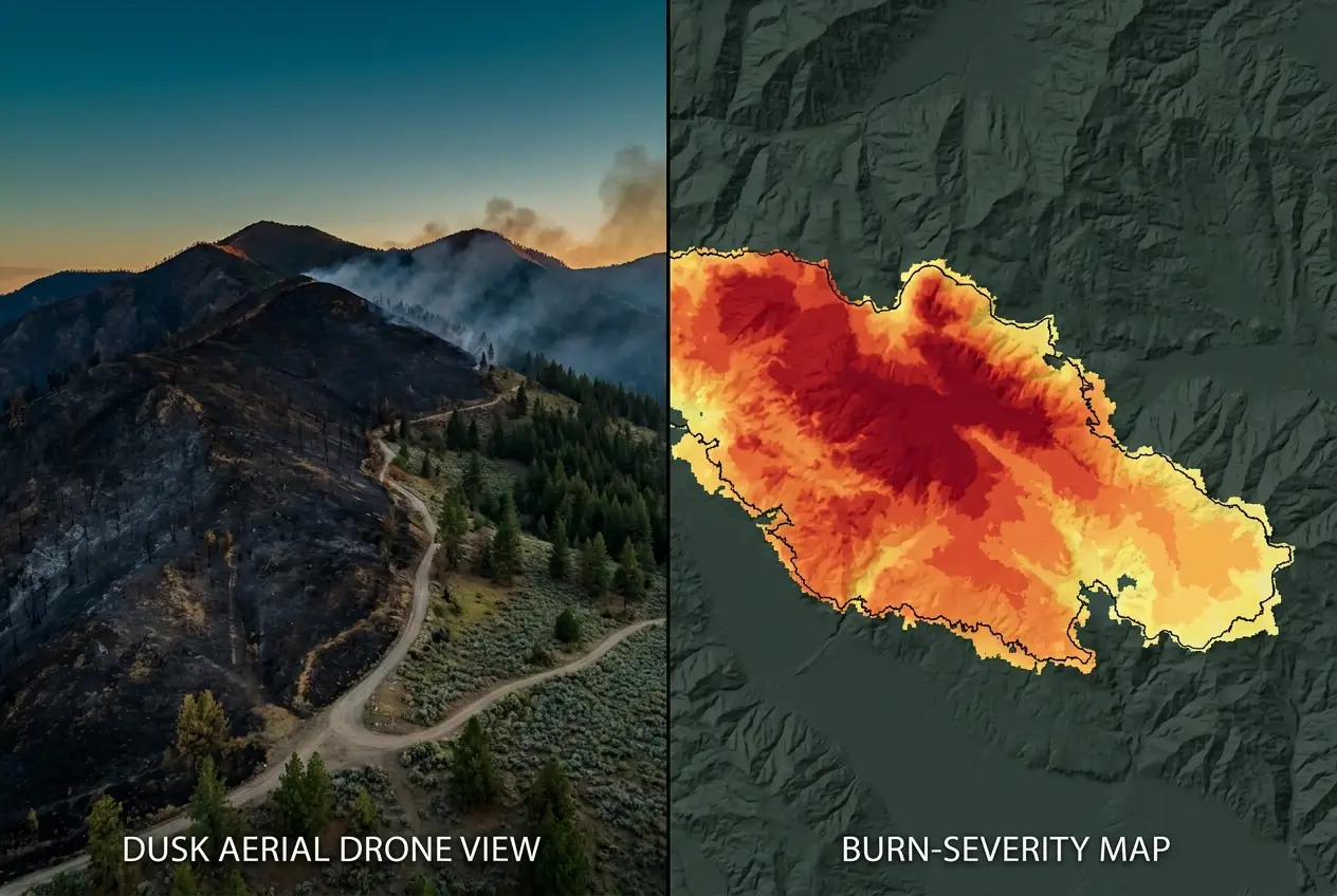 Burn scar beside its georeferenced orthomosaic and observation layer