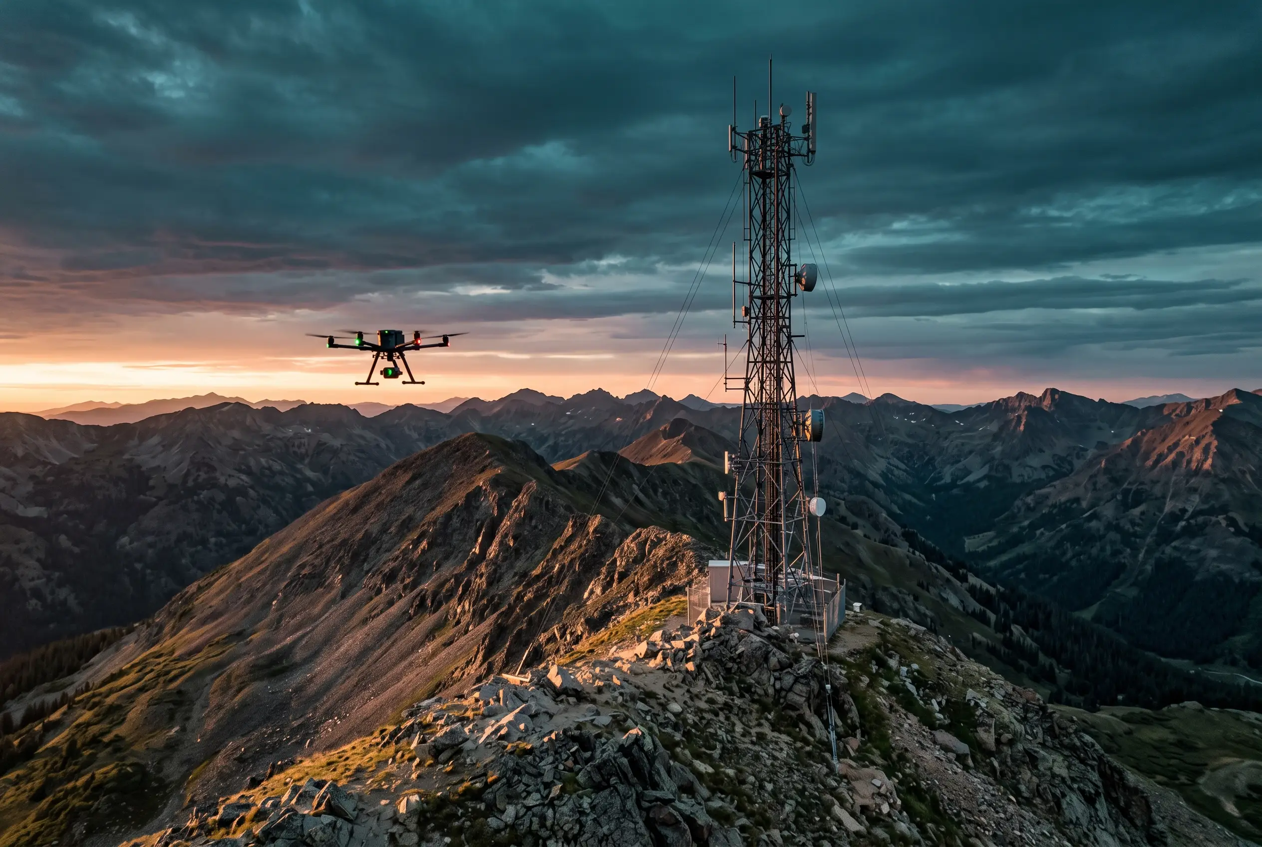 A quadcopter holding station off a ridgetop communications tower at dusk