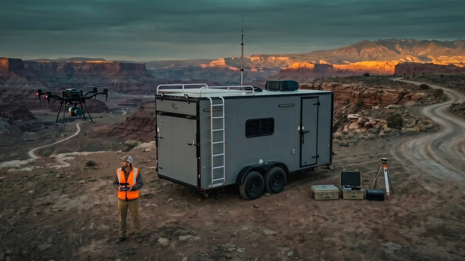 Mobile field-processing trailer parked on a canyon rim at dusk, with a pilot flying a mapping drone and ground-control equipment staged beside the trailer