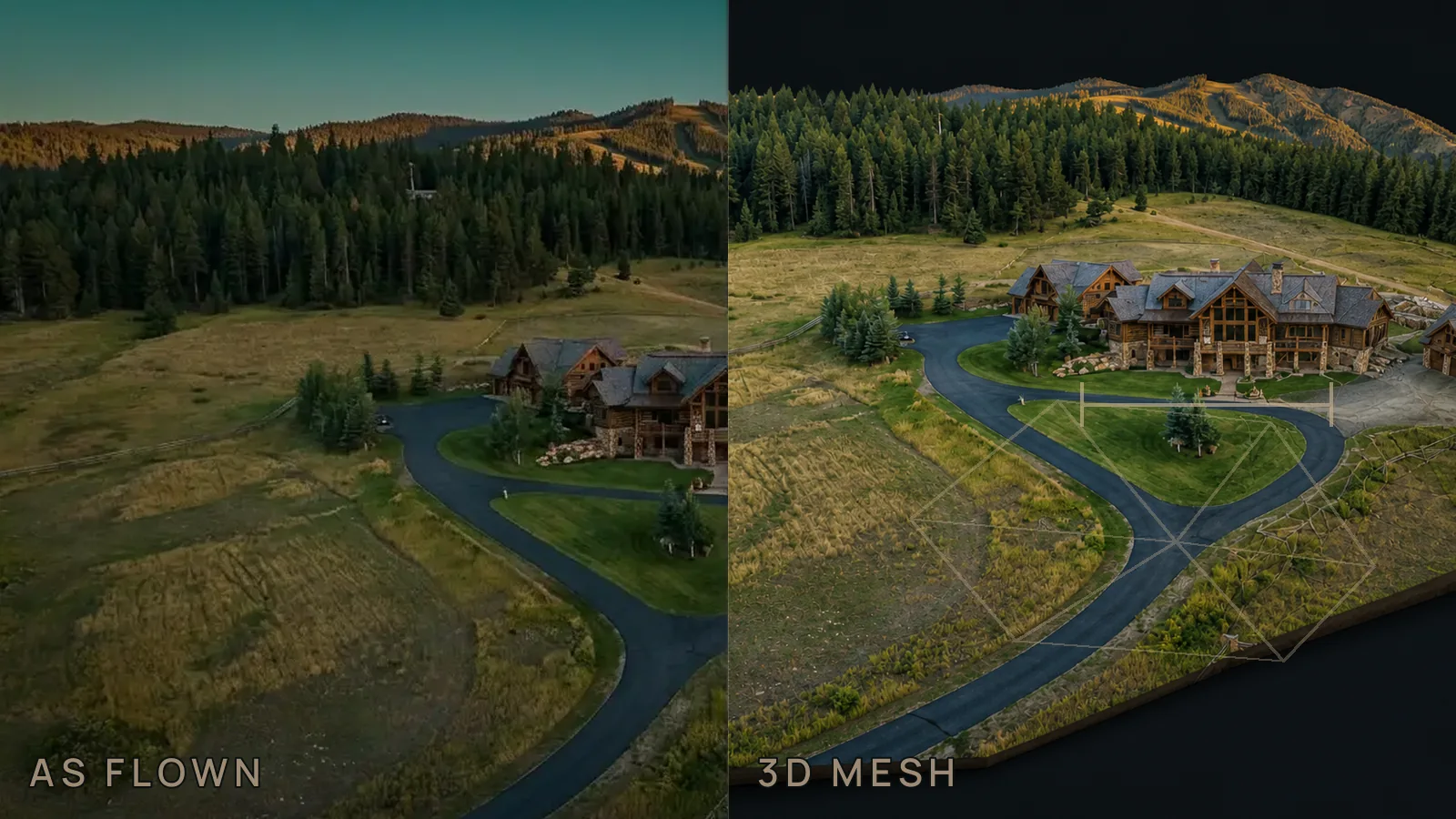 A mountain property as flown beside the delivered 3D mesh of the same site.