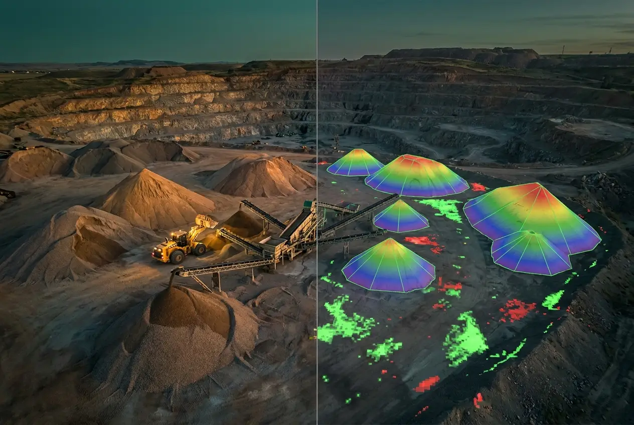 Aggregate quarry at dusk beside its volumetric analysis data product
