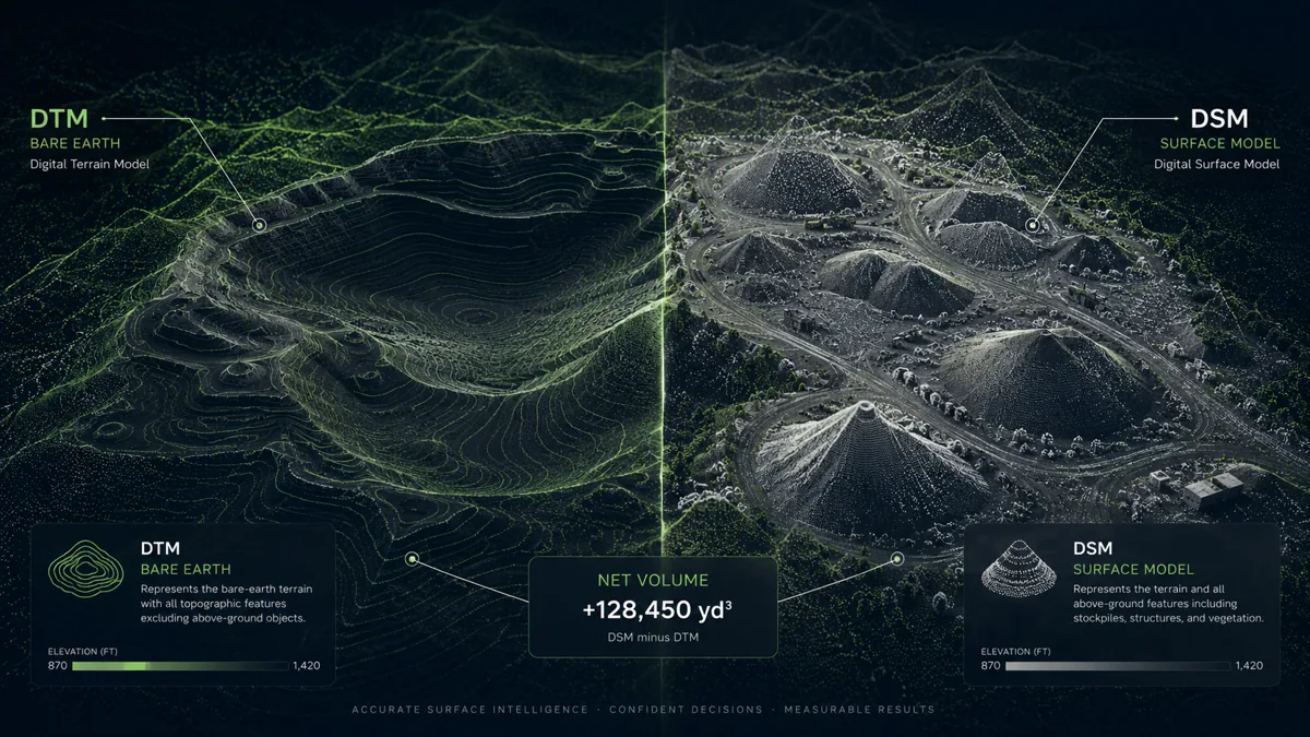 Aerial site rendered as a measured digital surface model with net-volume analytics