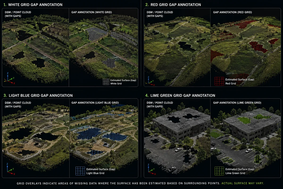 Four site comparisons of point-cloud and digital surface model data, each with a colored grid overlay marking areas where the surface is estimated rather than measured