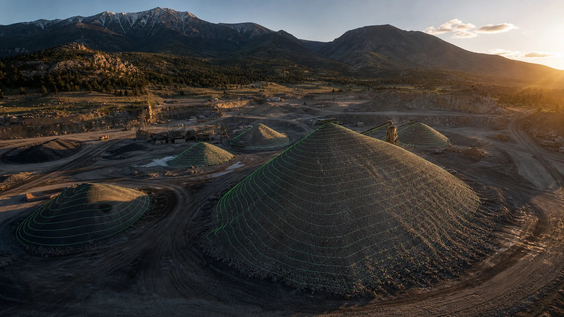 Aggregate quarry stockpiles with aerial contour analysis